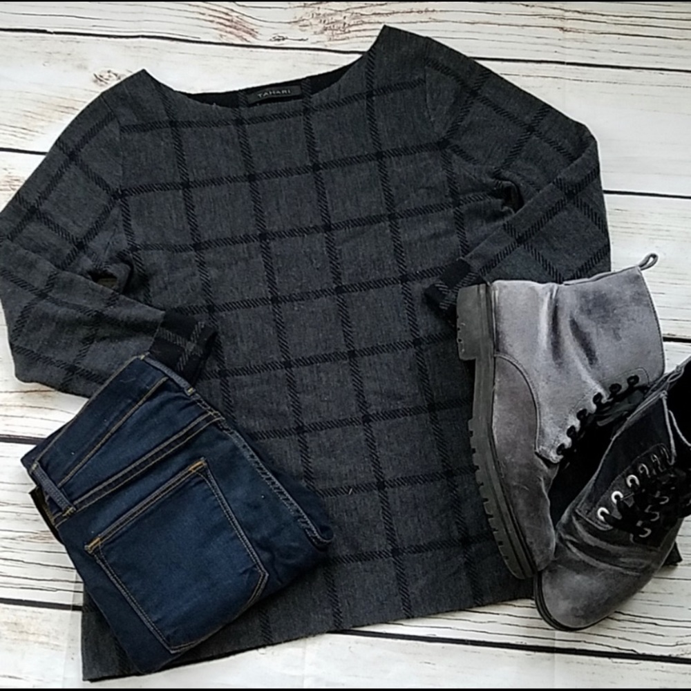 Tahari Windowpane Plaid Check Merino Wool 3/4 Sleeve Top